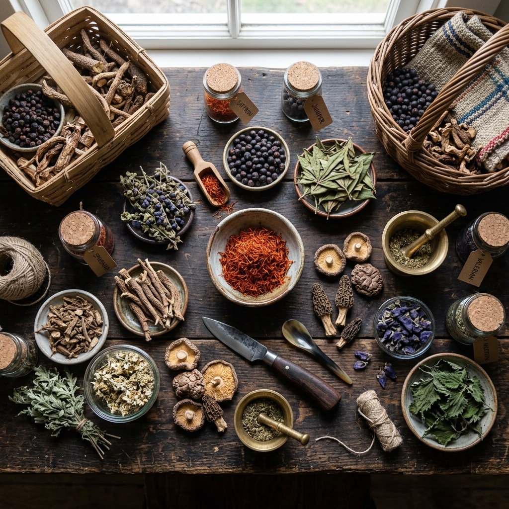 A detailed rustic flatlay of dried roots, herbs, and foraging baskets