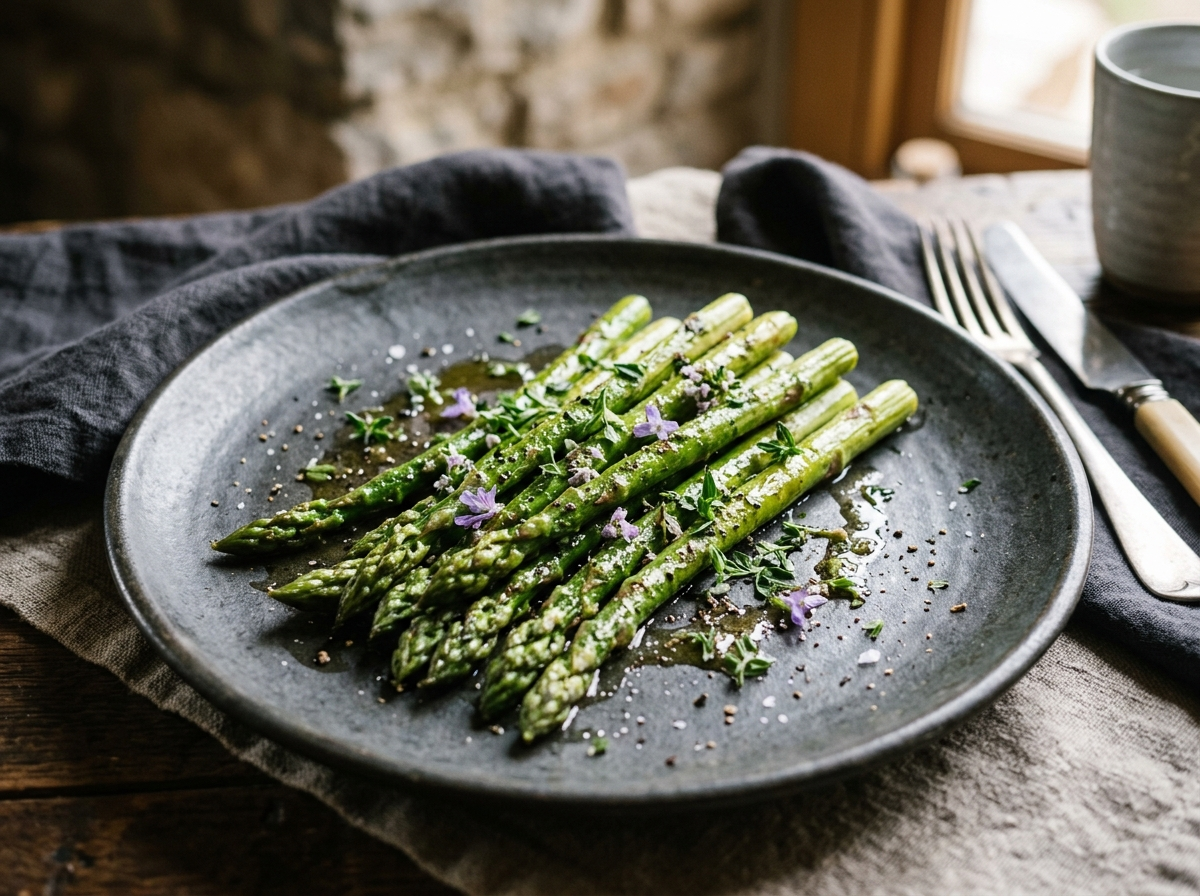 Gourmet preparation of sautéed wild asparagus spears with herbs and clarified ghee