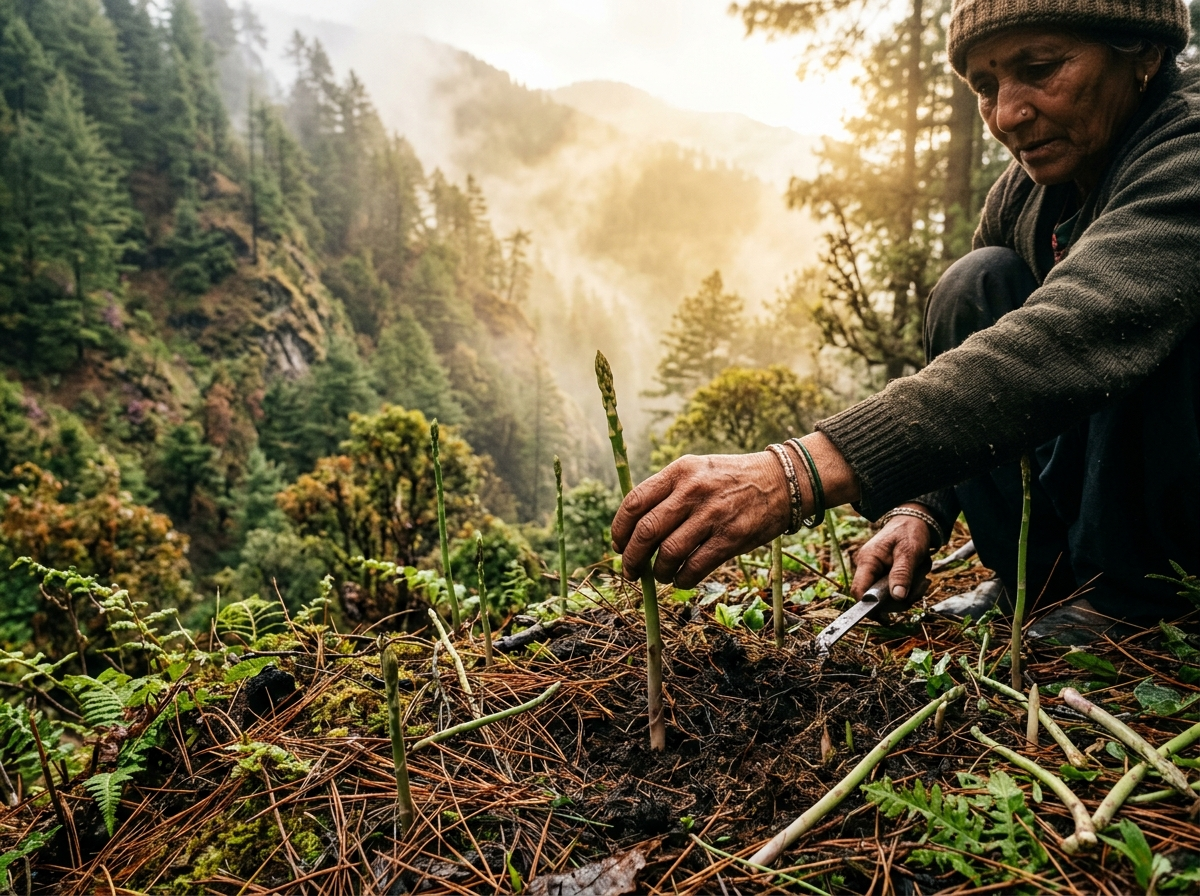 Indigenous forager carefully gathering tender wild asparagus shoots on a steep Himalayan slope