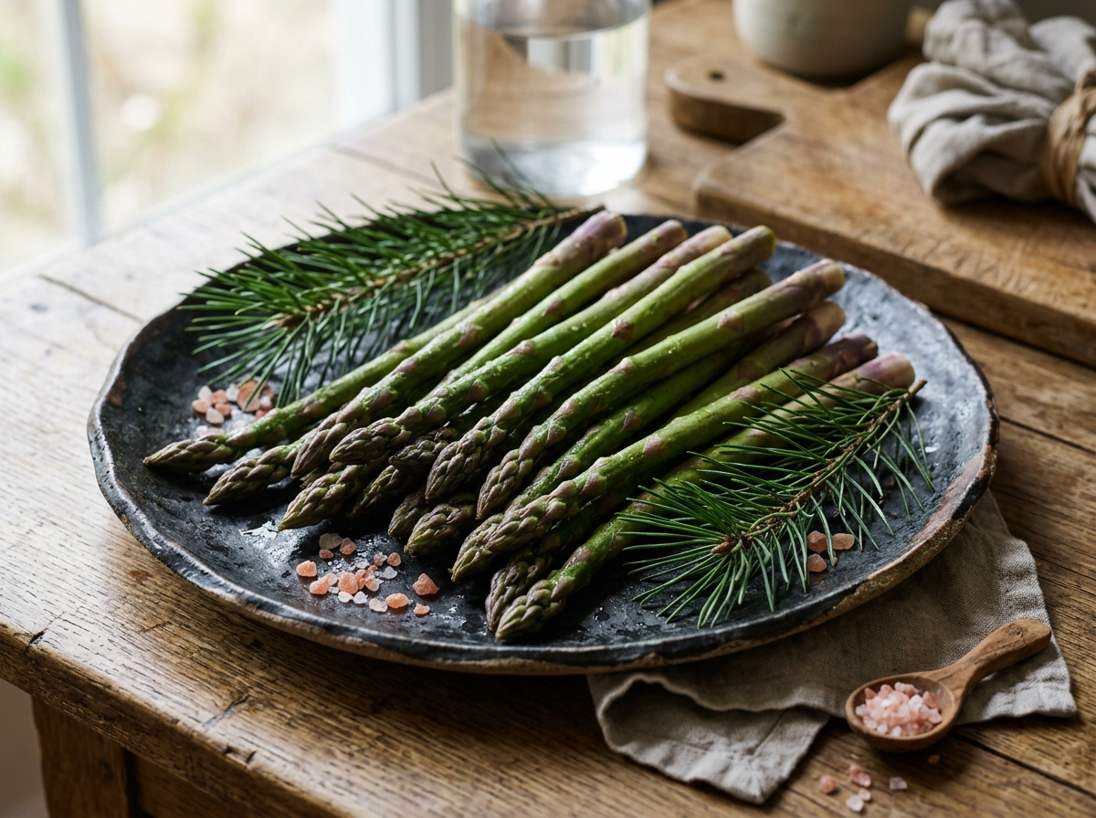 Freshly harvested wild Himalayan asparagus spears arranged on an artisan ceramic plate