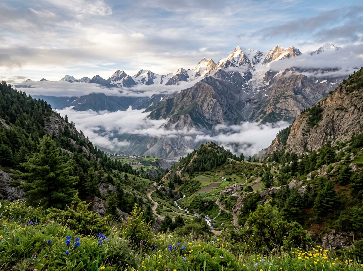 Panoramic view of pristine high Himalayan valley where wild asparagus grows