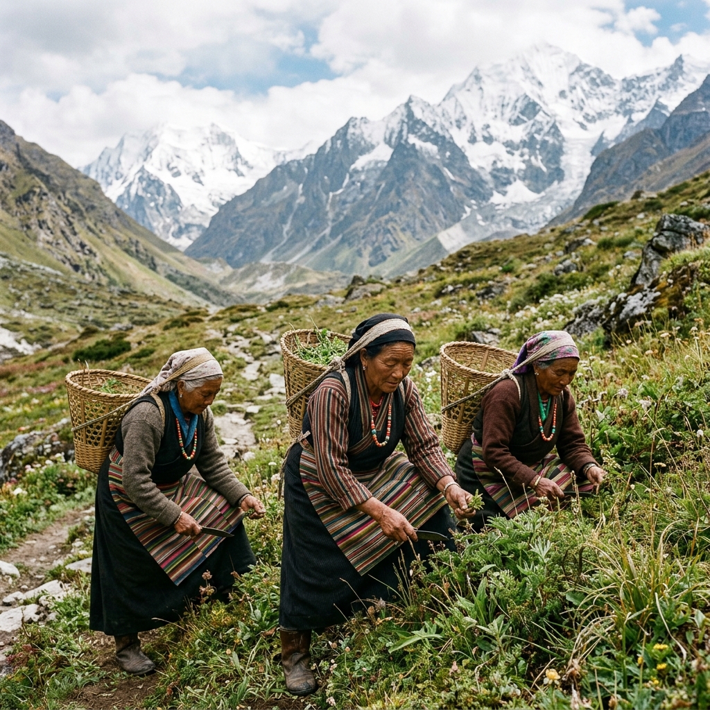 Foragers harvesting wild herbs in grassy valley heights