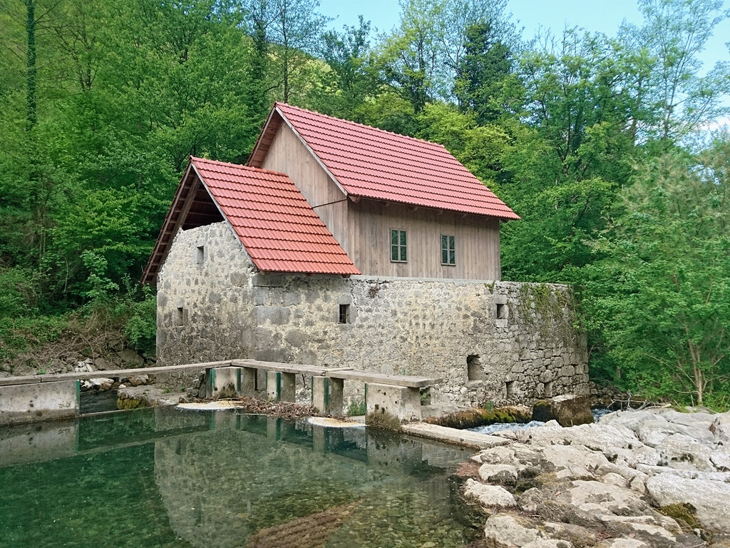 Historic Himalayan stream-powered watermill Gharat grinding grain into fine flour