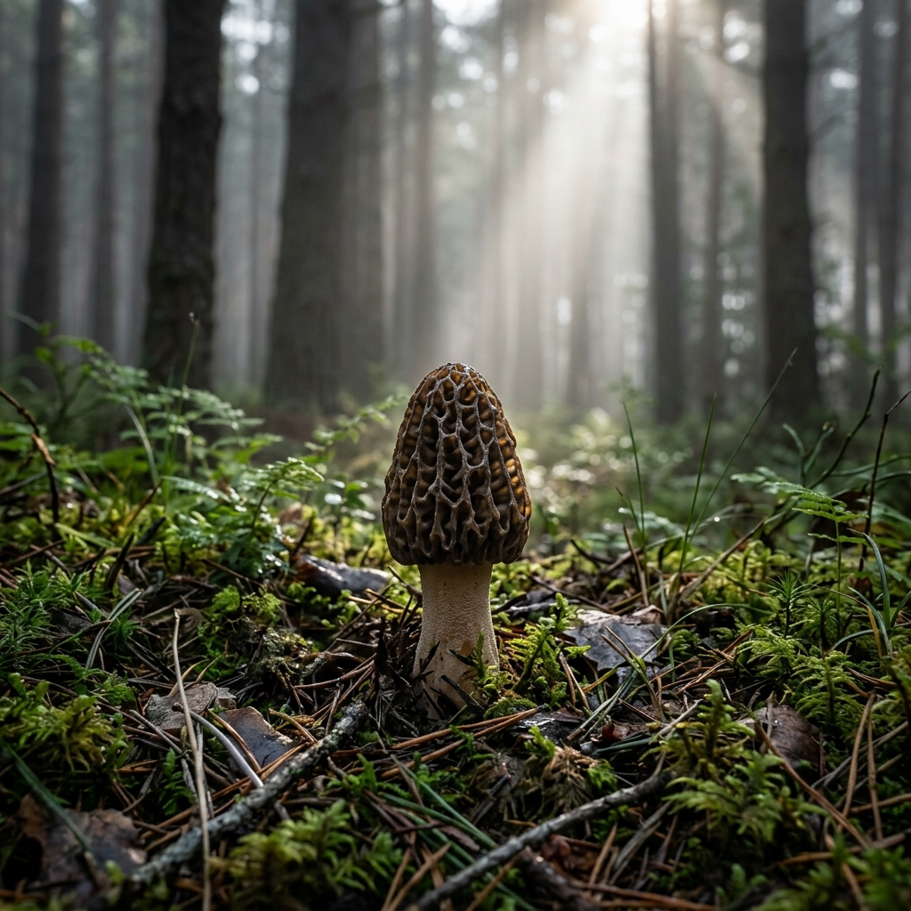 Single Gucchi morel mushroom in a coniferous pine forest