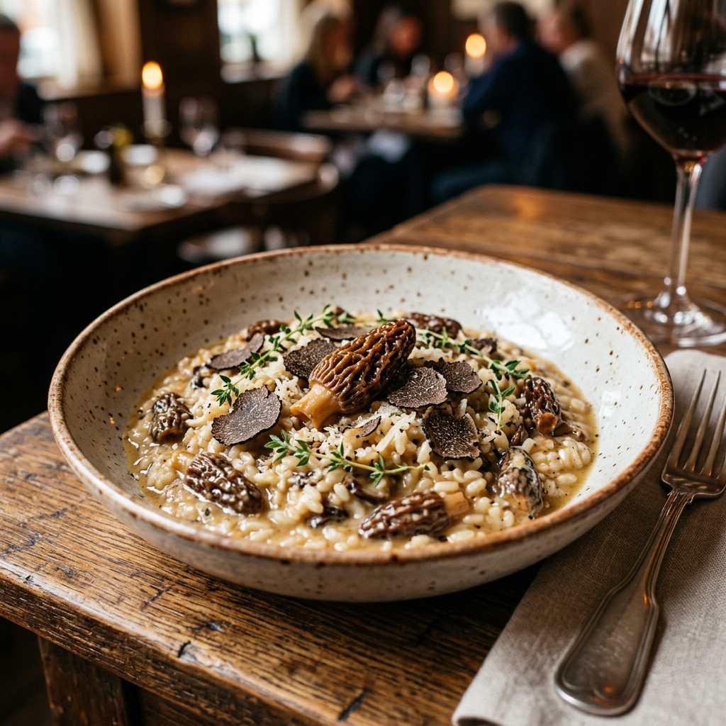 Plated gourmet morel mushroom risotto with herbs and grated parmesan