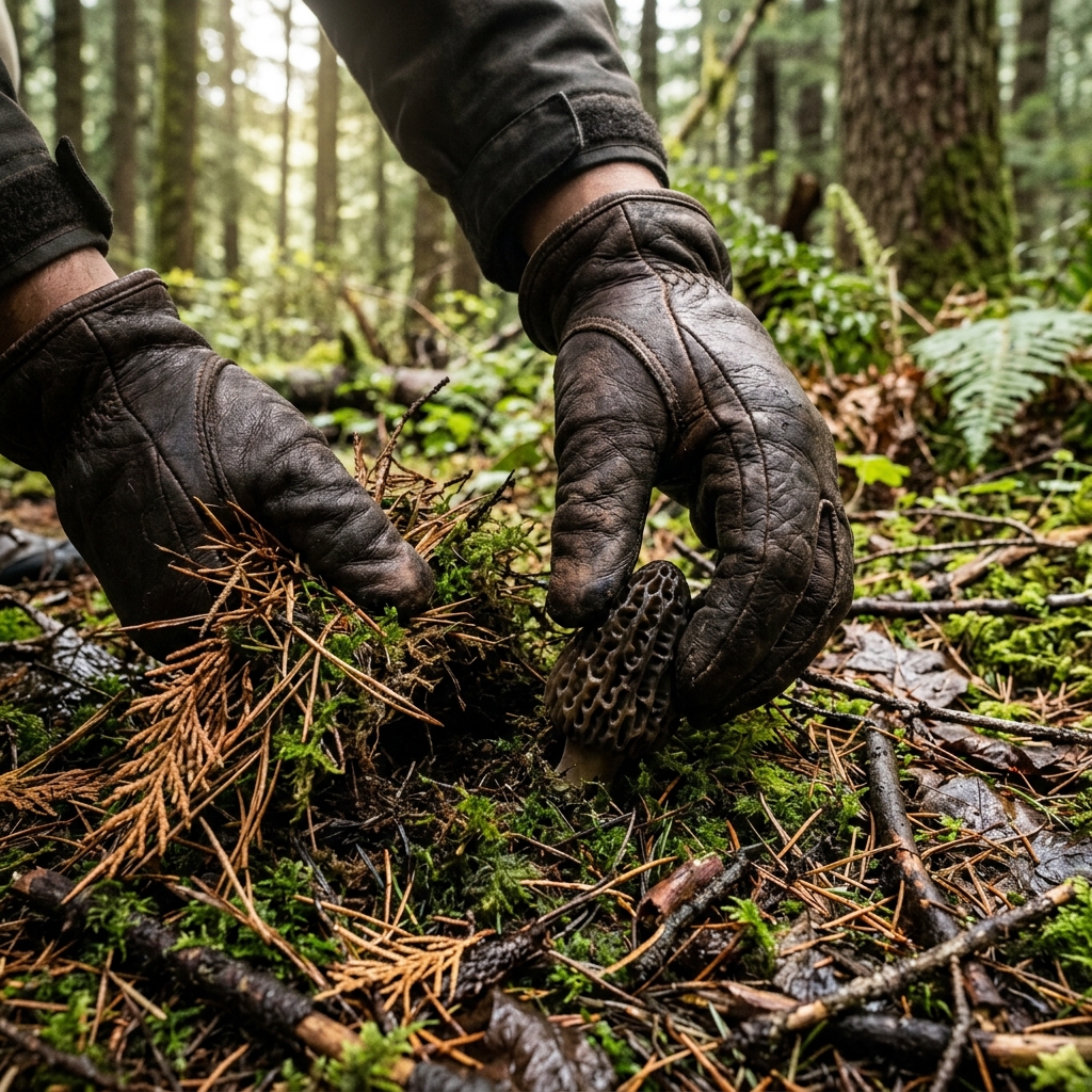 Forager hands clearing forest debris to pluck a fresh Gucchi morel mushroom