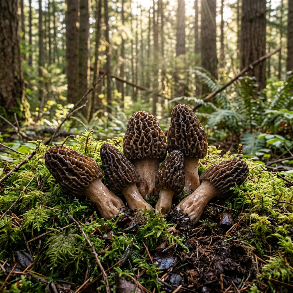 Fresh Gucchi mushrooms laying on forest moss with dark soil roots