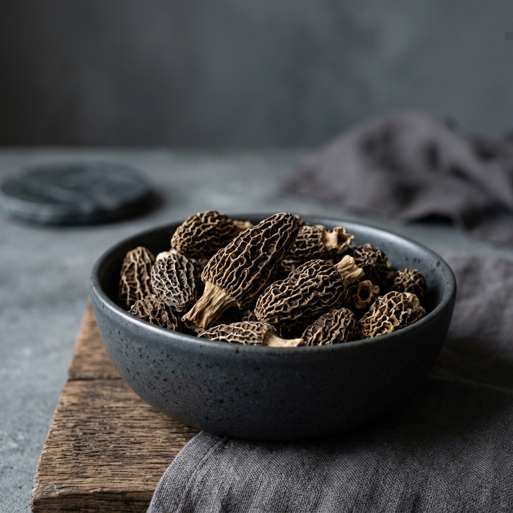 Dehydrated wild Gucchi morel mushrooms displayed in a premium ceramic bowl