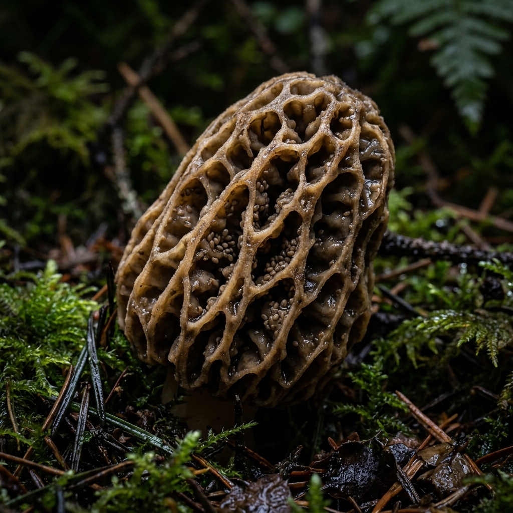 Detailed close-up of wild morel mushroom spore patterns in forest moss