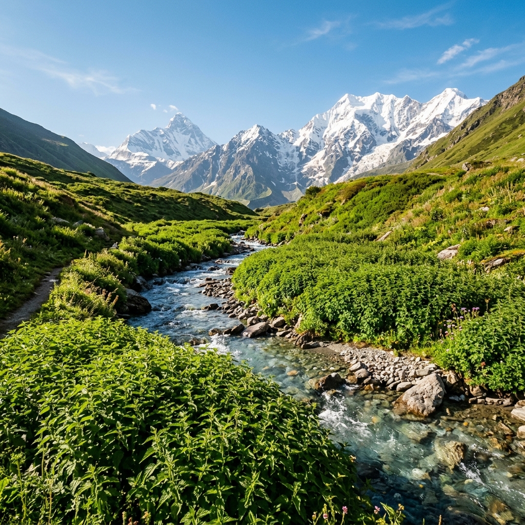 Lush wild green nettle fields growing near glacial stream in Chamoli mountains