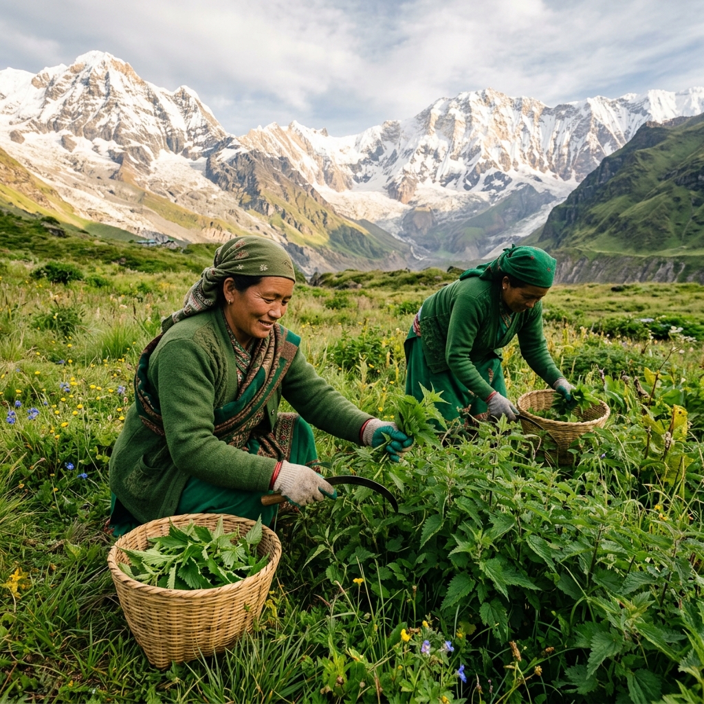 Forager women carrying willow harvesting baskets in Himalayan grasslands