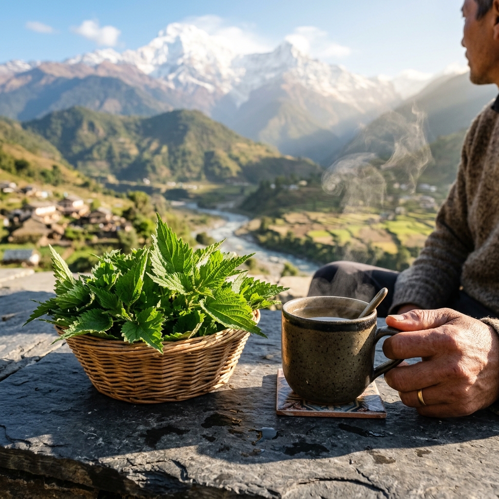 Pure dry nettle leaves inside a wooden cup next to steaming ceramic tea mug