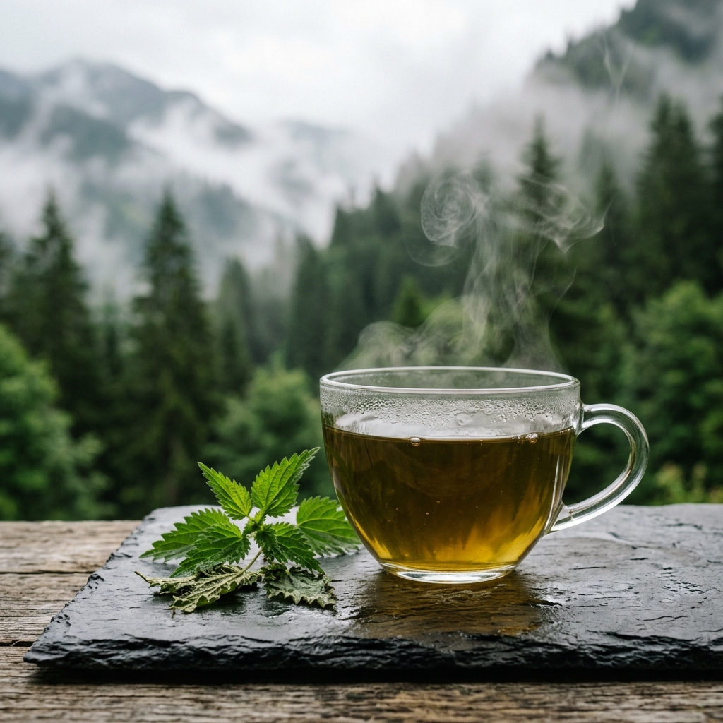 Dry nettle tea bag steeping in hot glass teacup