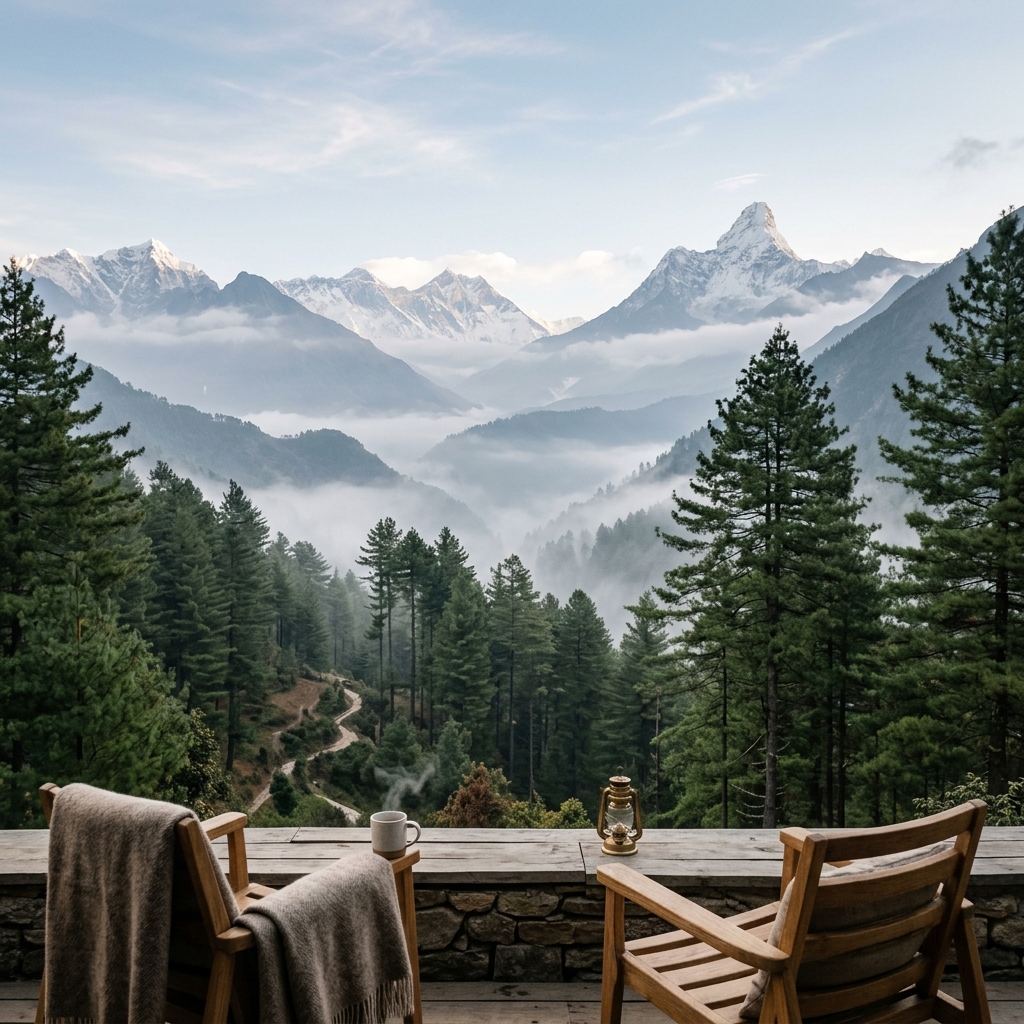 Misty pine valleys in the Himalayan heights