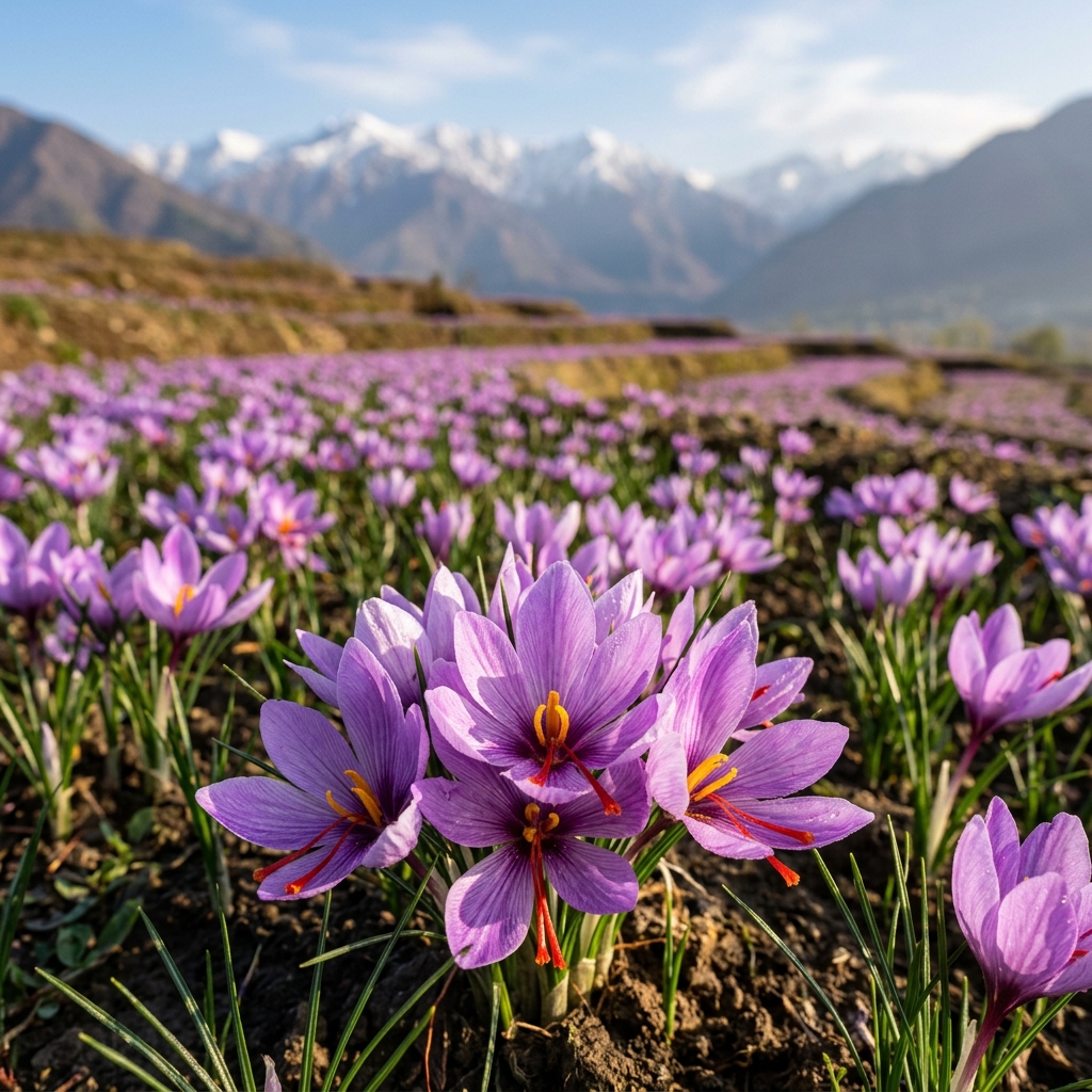 Saffron crocus flowers blooming in Pampore valley