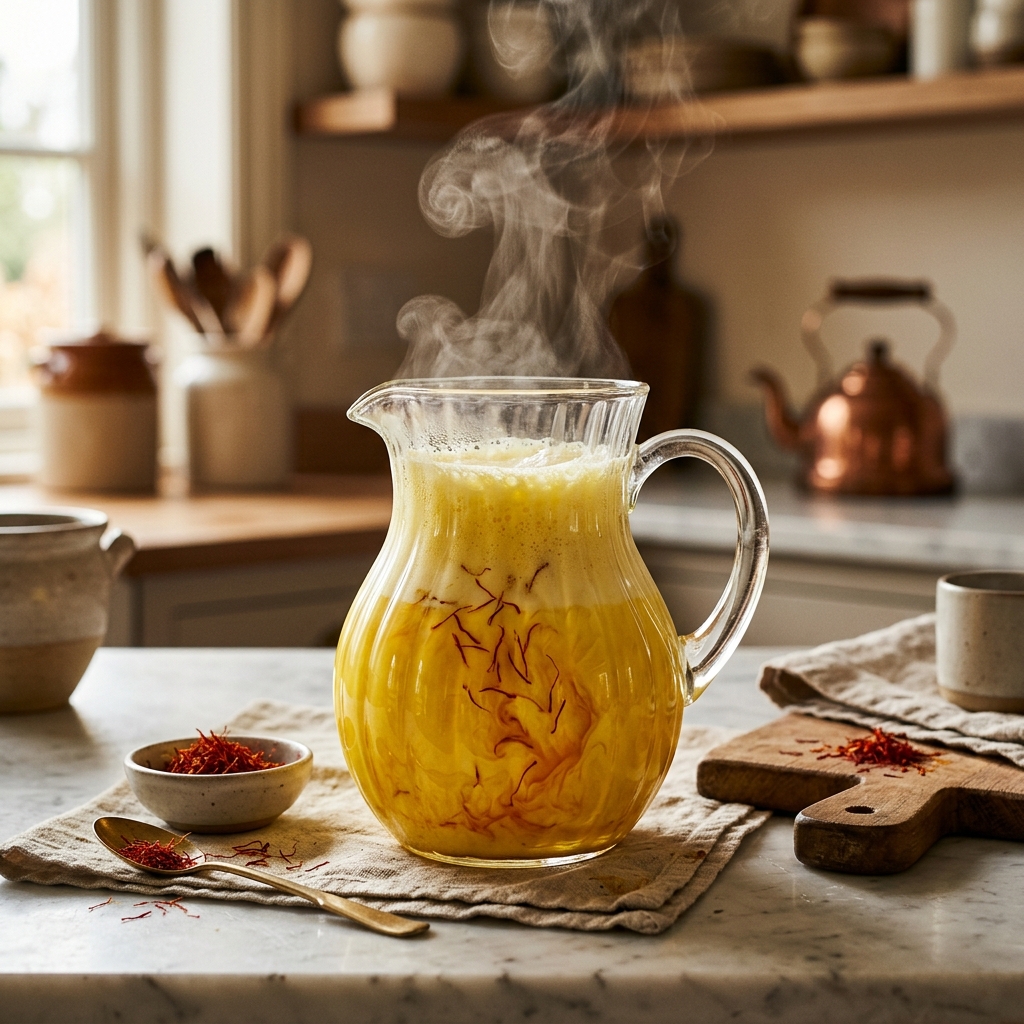 Warm milk in glass jug turning bright golden yellow as saffron threads steep