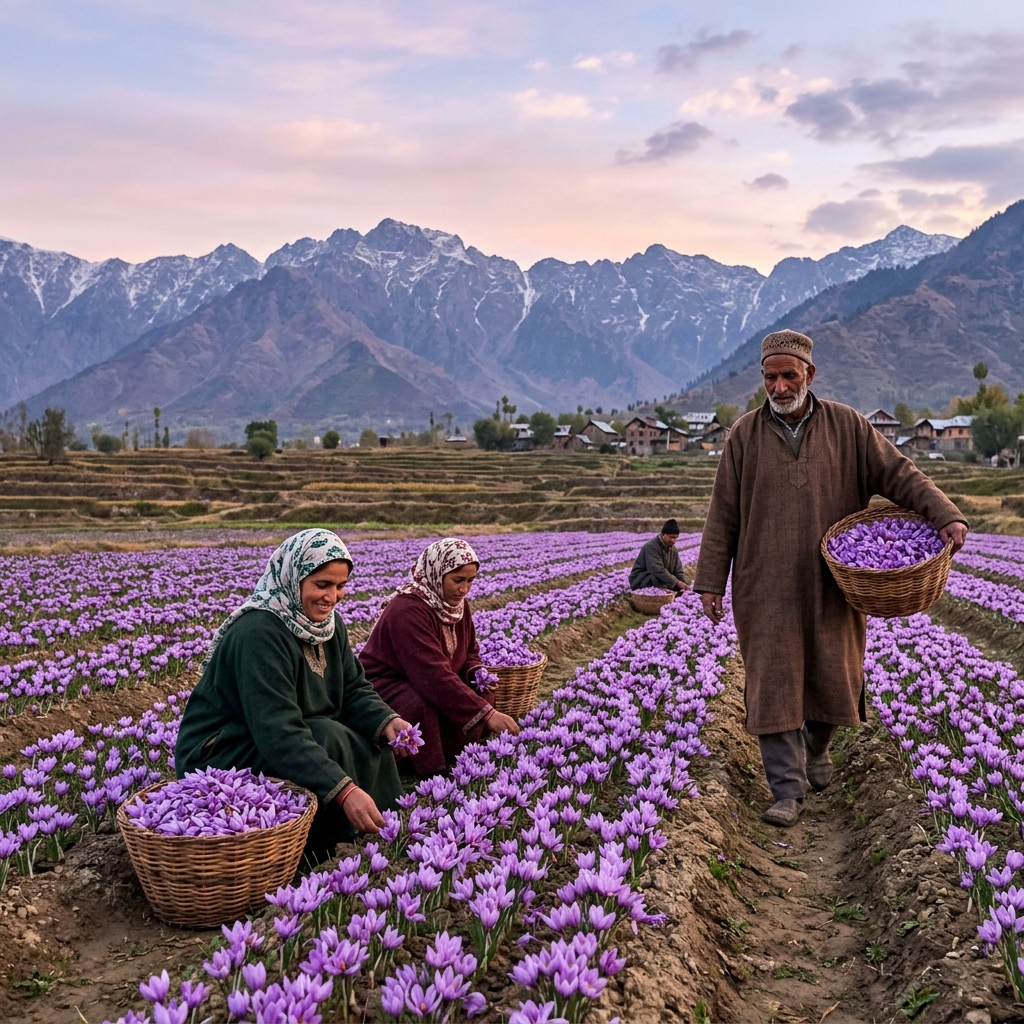 Farmers gathering crocus flowers in willow baskets under dawn sky