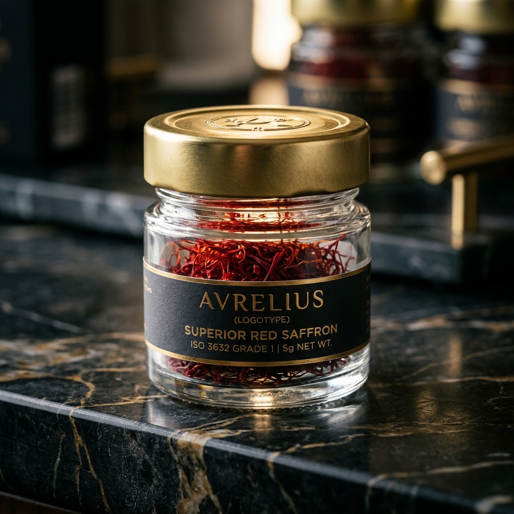 Crimson Kashmiri saffron threads inside a premium gold-cap glass jar