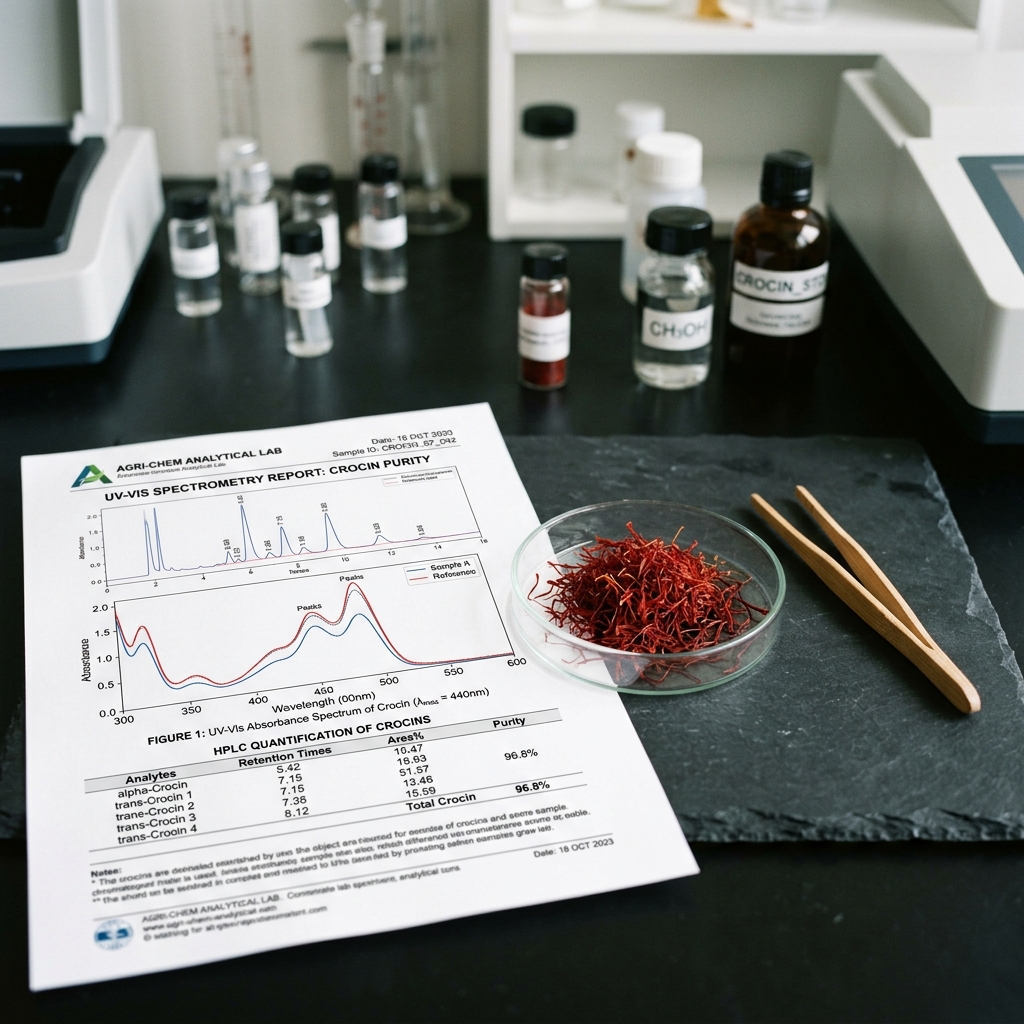 Spectrometry report sheet next to crimson saffron threads in petri dish