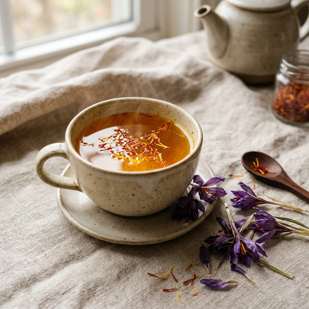 A ceramic cup of hot tea with saffron threads floating on top