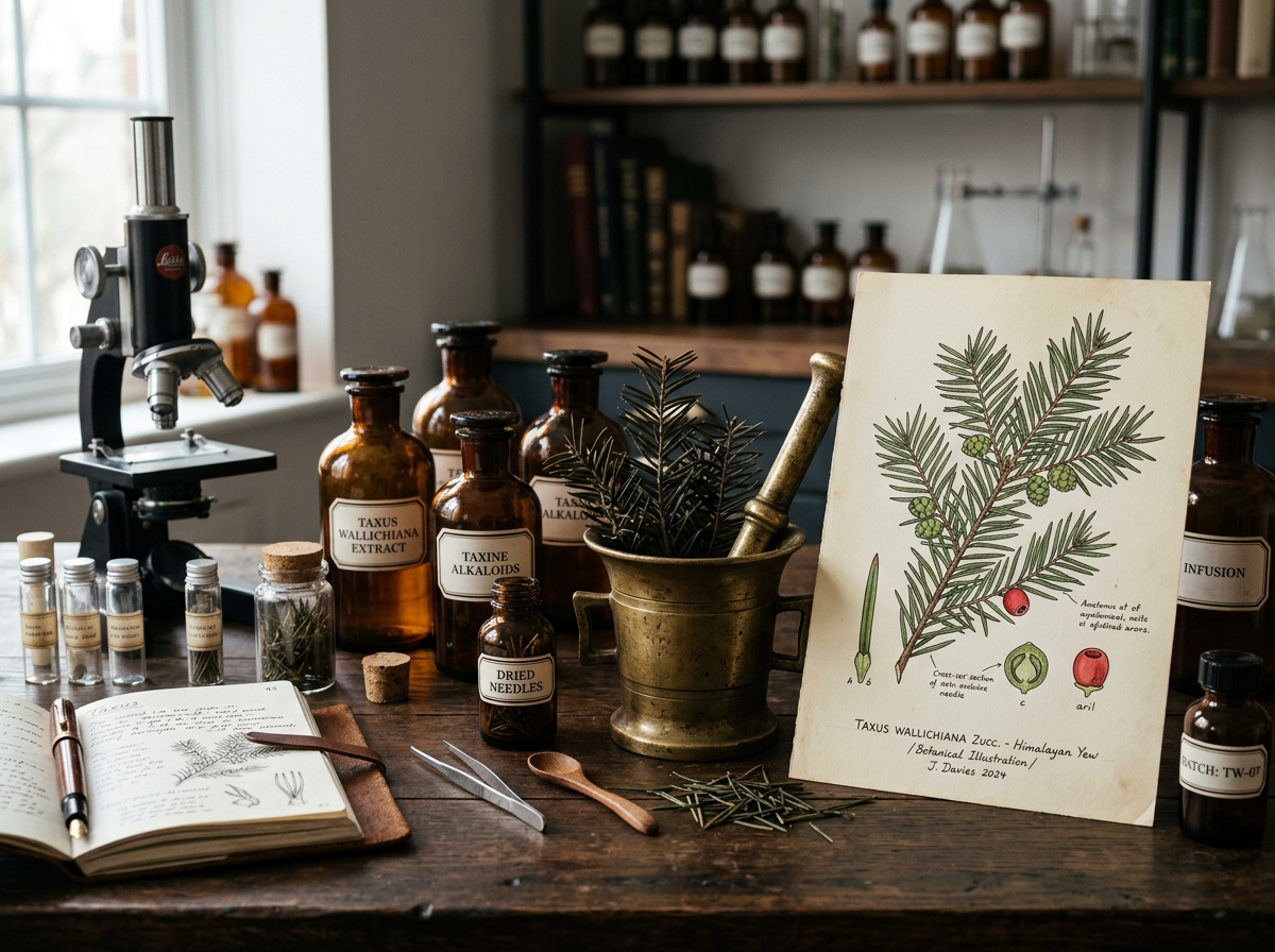 Apothecary botanical study with dried yew needles, amber bottles, and scientific illustrations