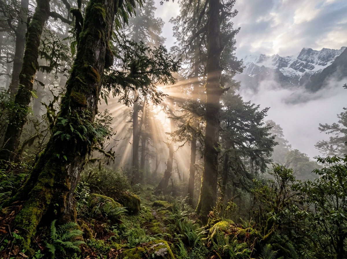 Ancient towering Himalayan yew forest with morning sunbeams streaming through mountain mist