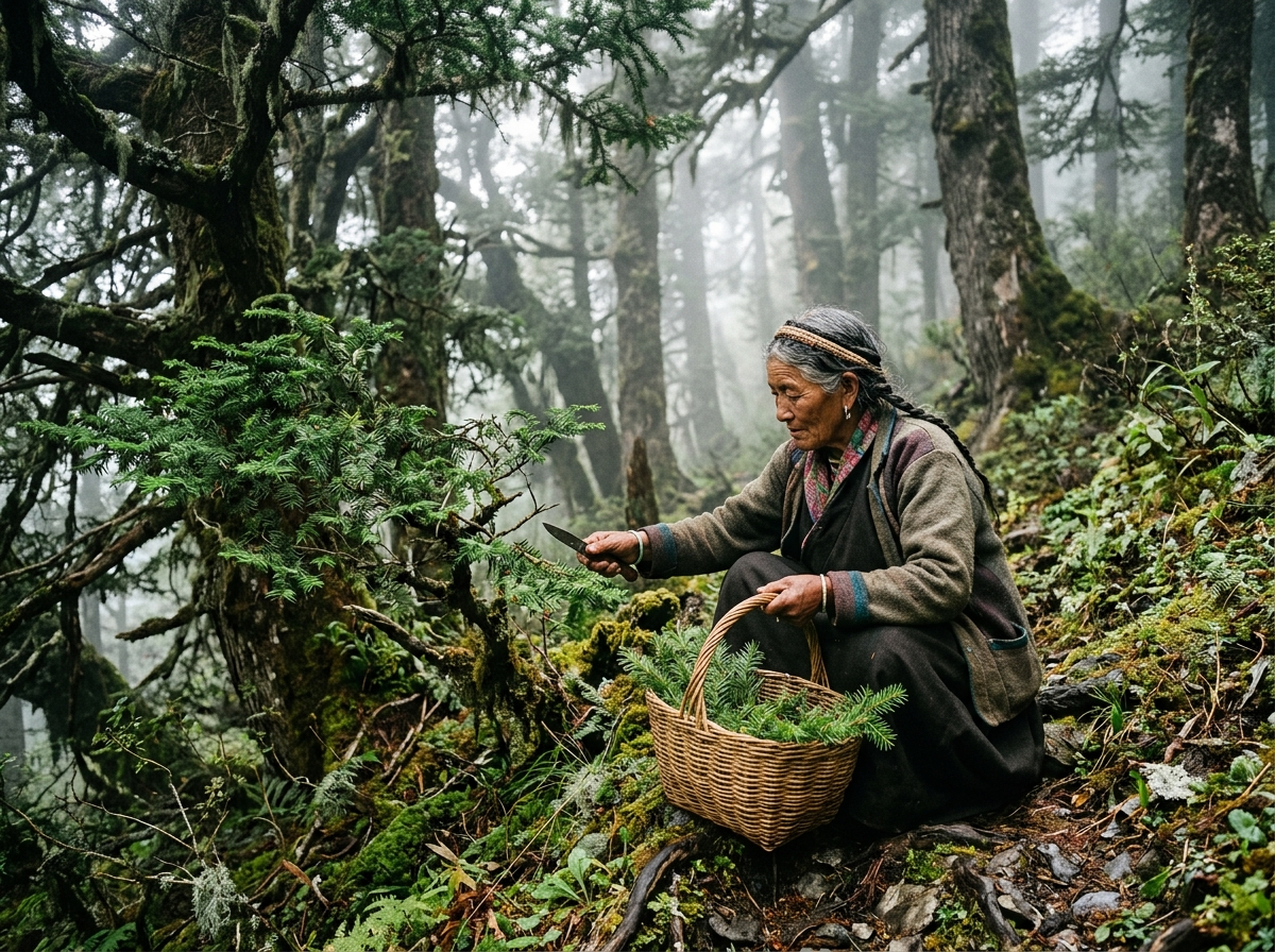 Elderly Himalayan herbalist harvesting mature yew needles in ancient mountain forest