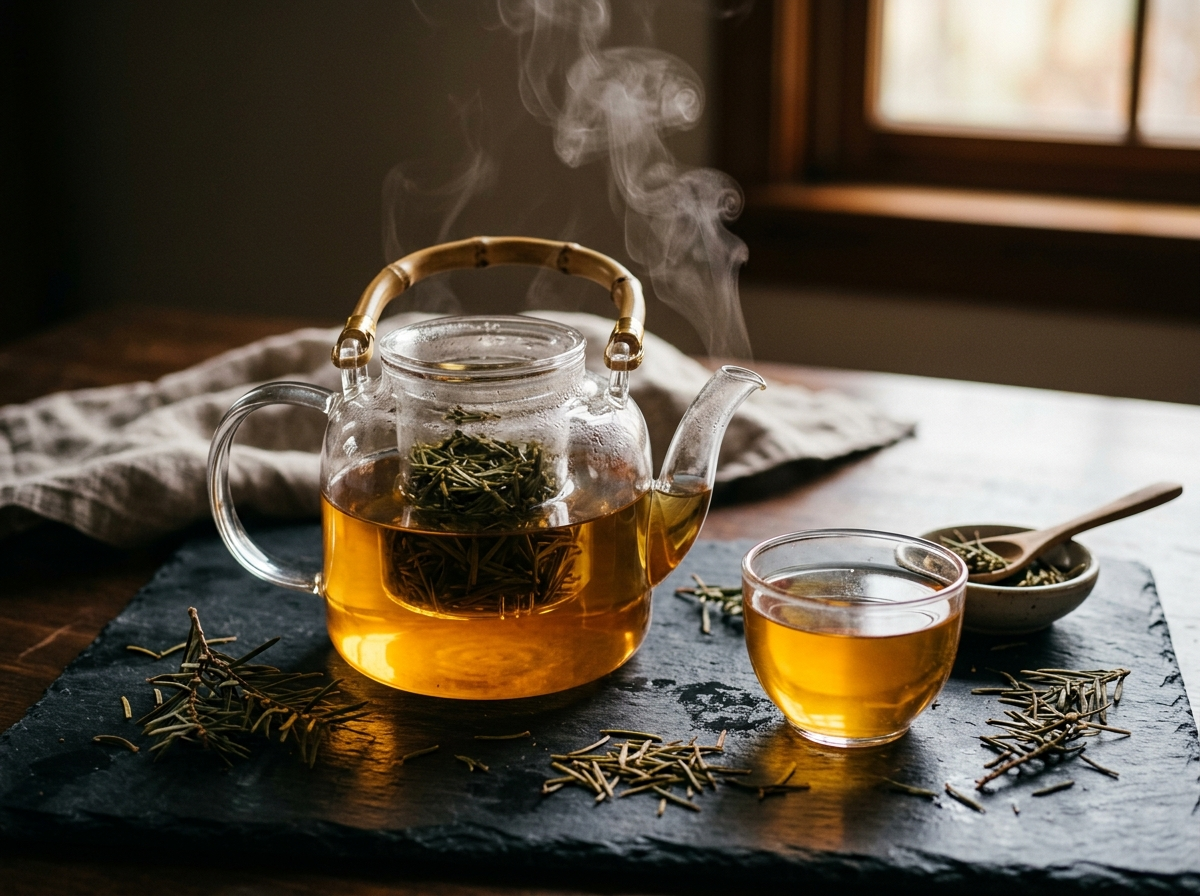 Golden amber yew needle tea steeping in clear glass teapot with delicate steam
