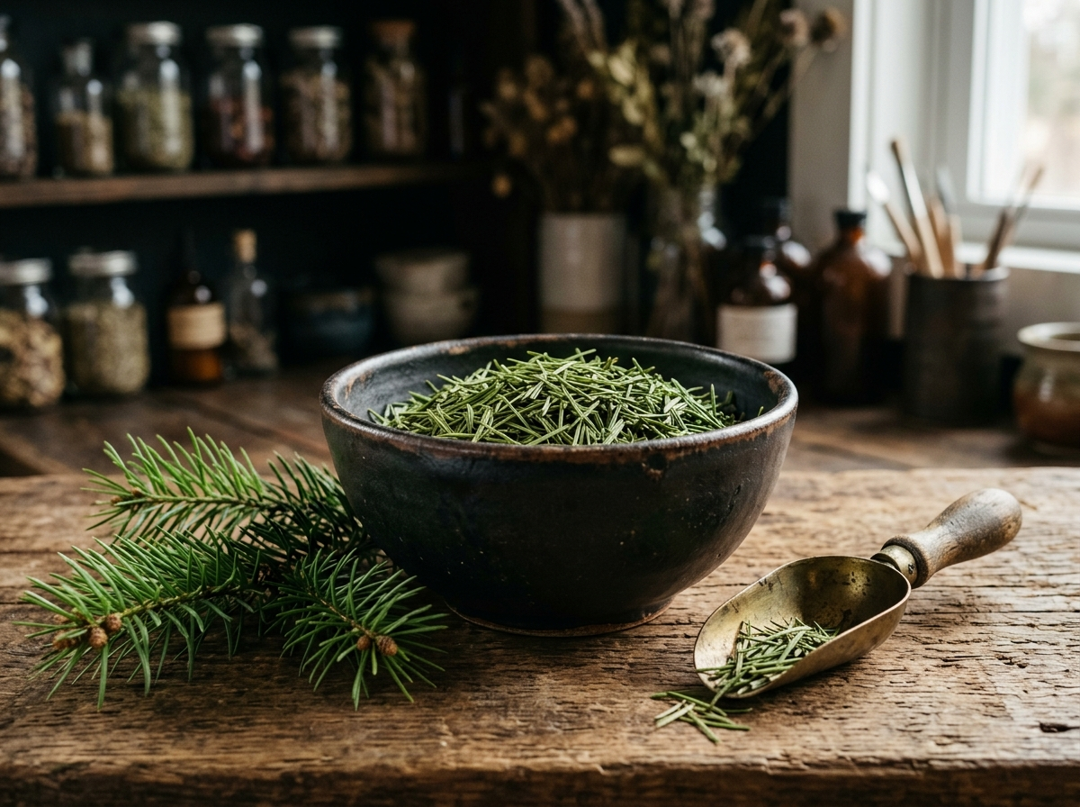 Pure dried Himalayan Yew needles displayed in an artisan ceramic vessel with fresh conifer branches